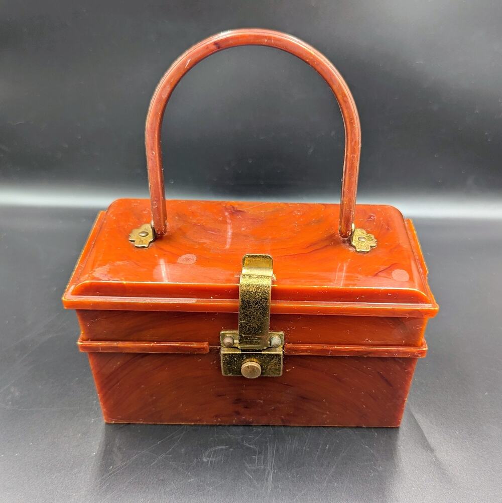 Vintage Marbled Lucite Style Purse Trinket Jewelry Box Amber Brown Brass Clasp
